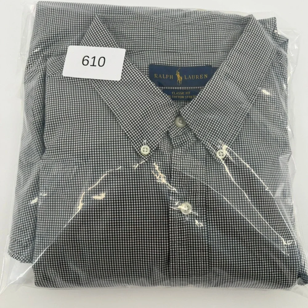 Ralph Lauren Mens XXL Classic Fit Gingham Button Down Shirt Black White Stretch
